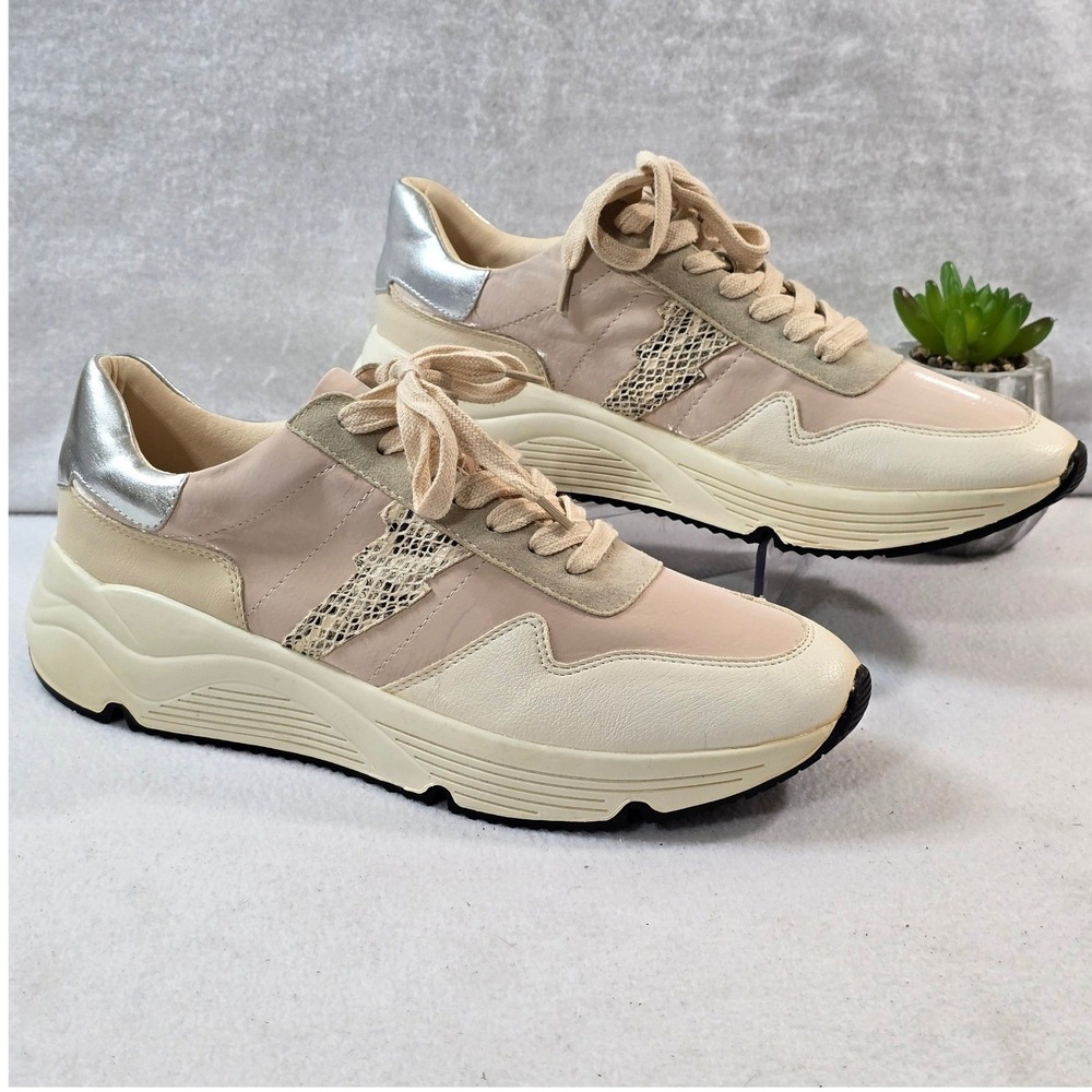 White Raven Women's Fashion Sneakers Beige‎ Pink Metallic Accents Lace Up Sz 8.5